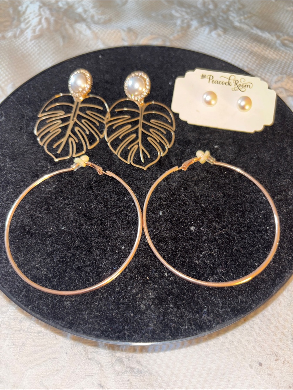 Peacock Room Pearl Studs, Gold tone Hoop and Leaf Pearl Drop Earrings - Gold